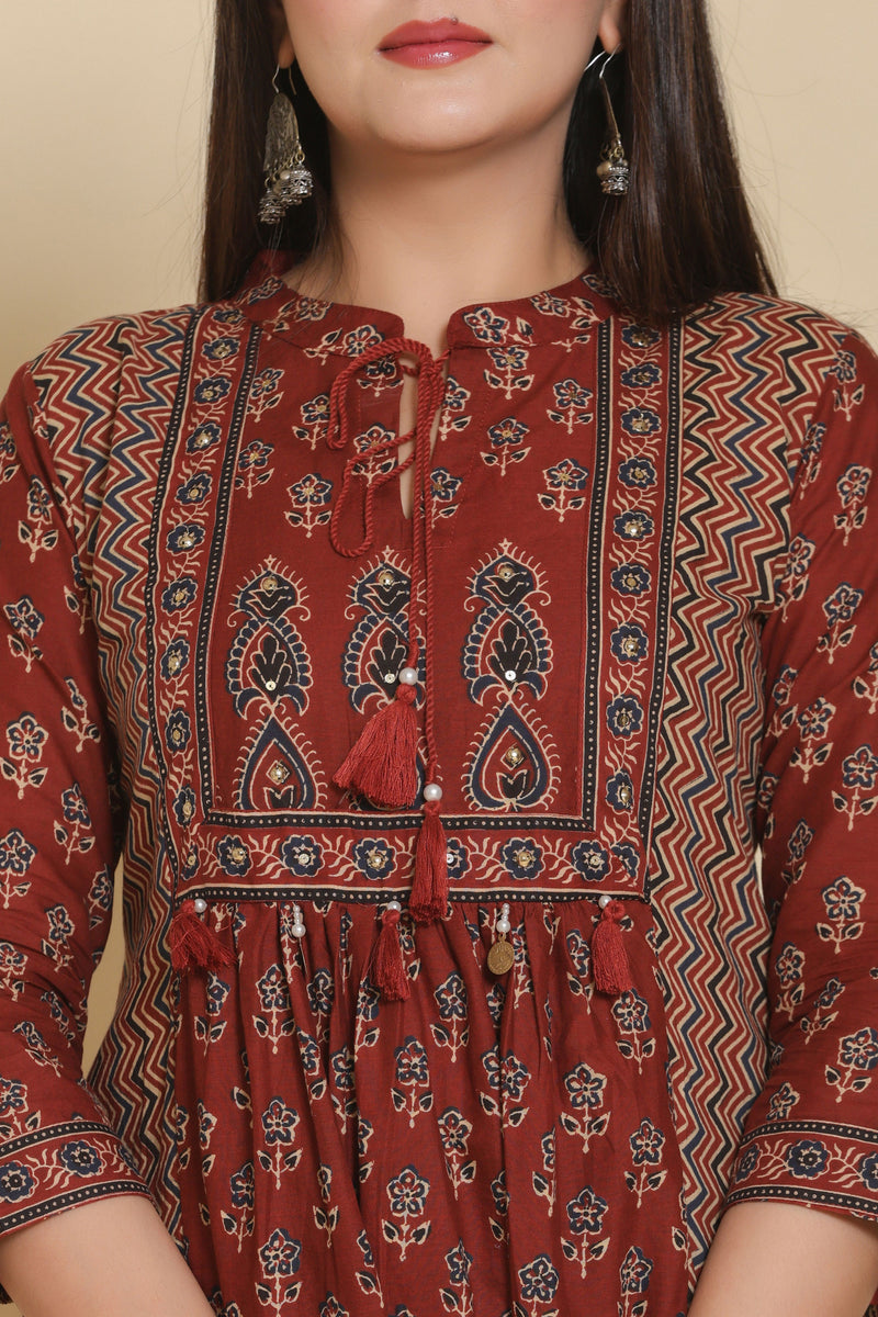 anarkali dress for women print in cotton maroon