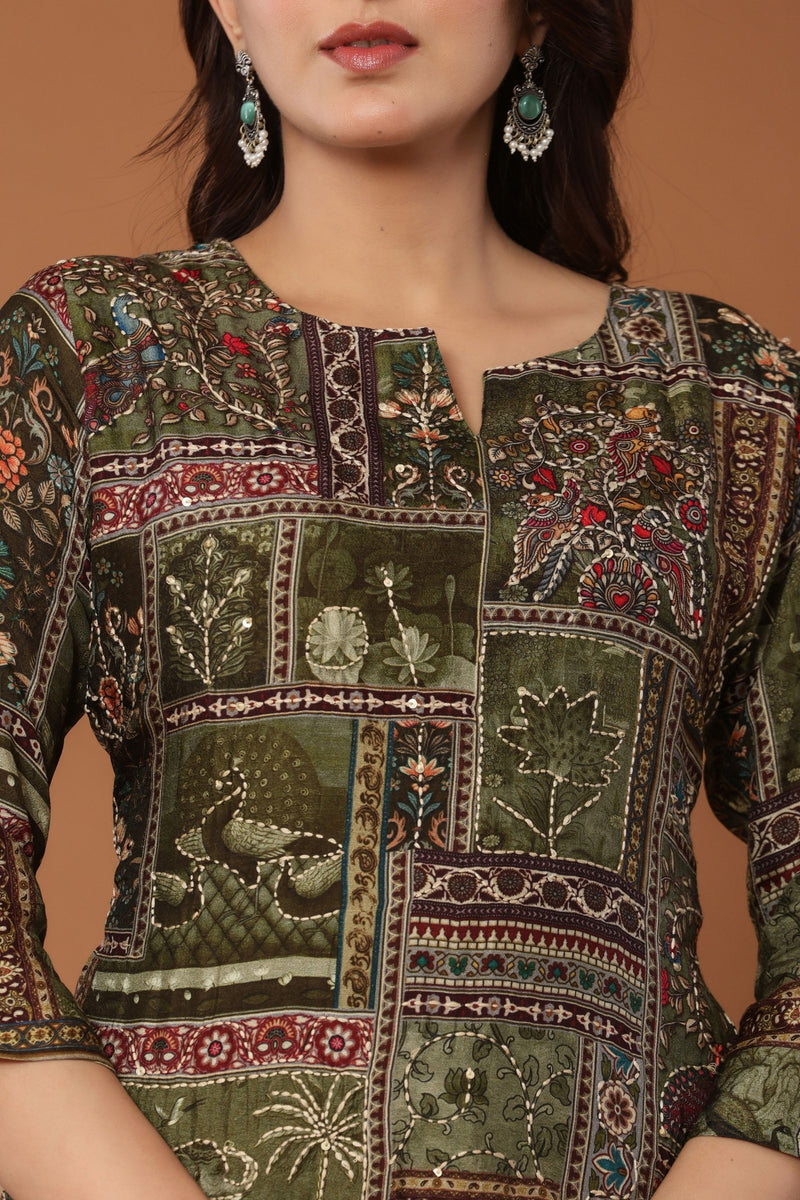 kurti set for women katha work in green
