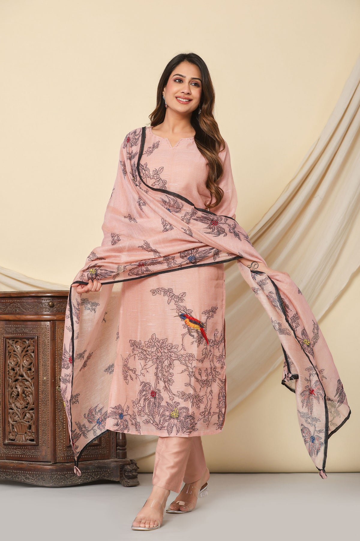 kurti set for women chanderi note work in peach