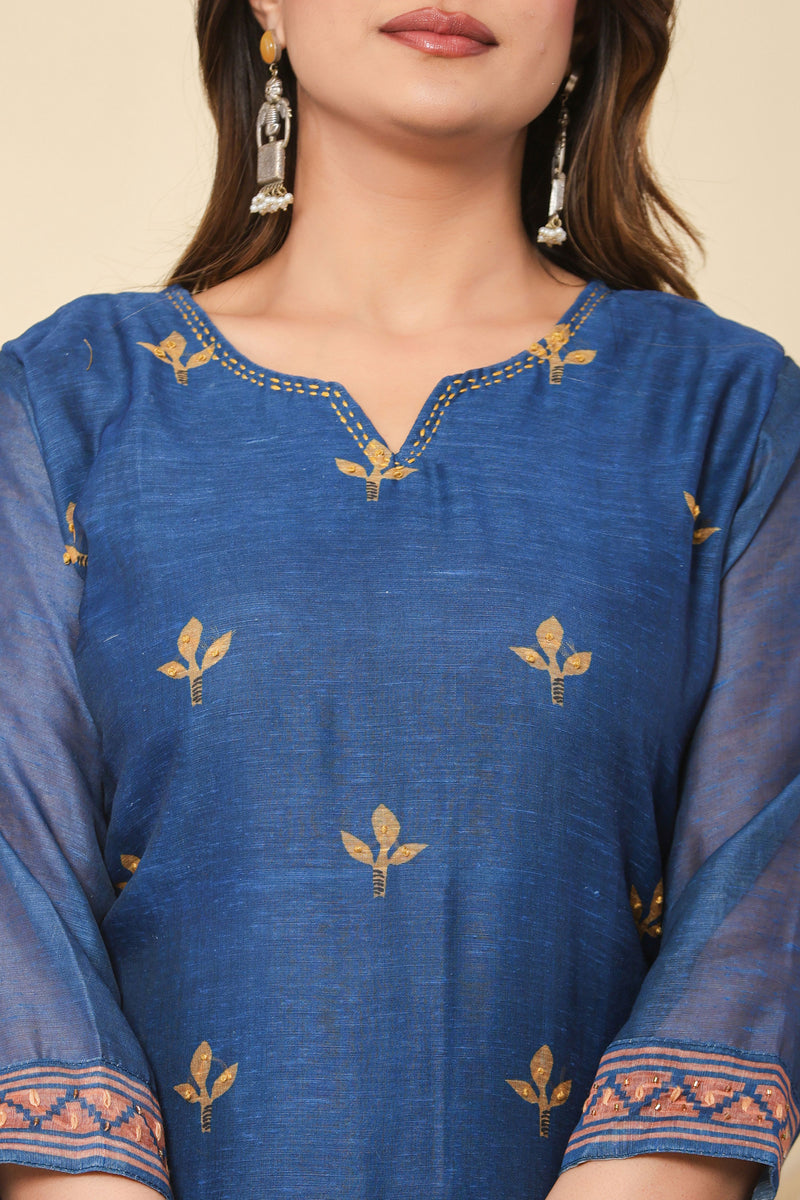kurti set for women chanderi block print in blue