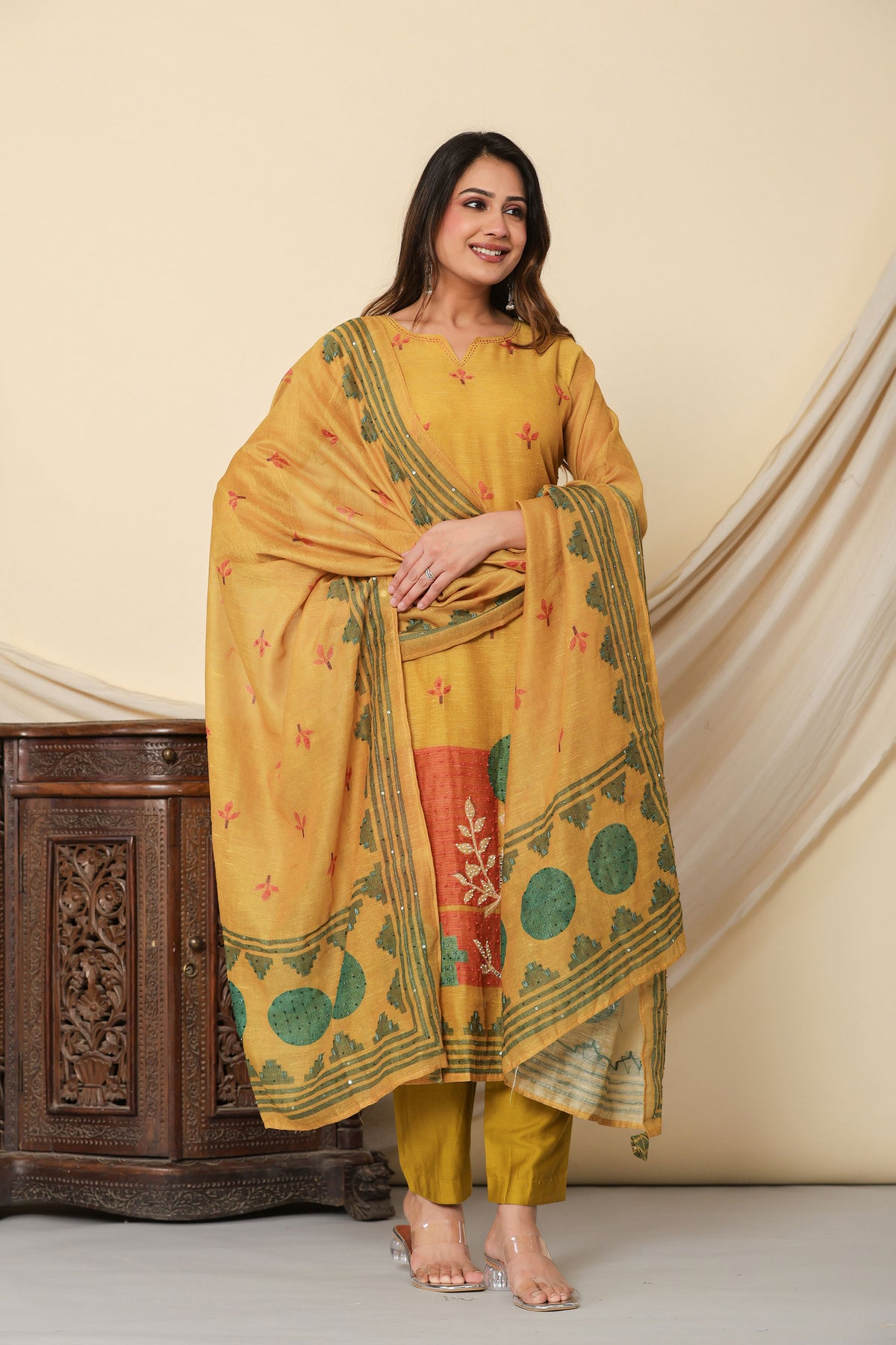 kurti set for women chanderi block print in yellow